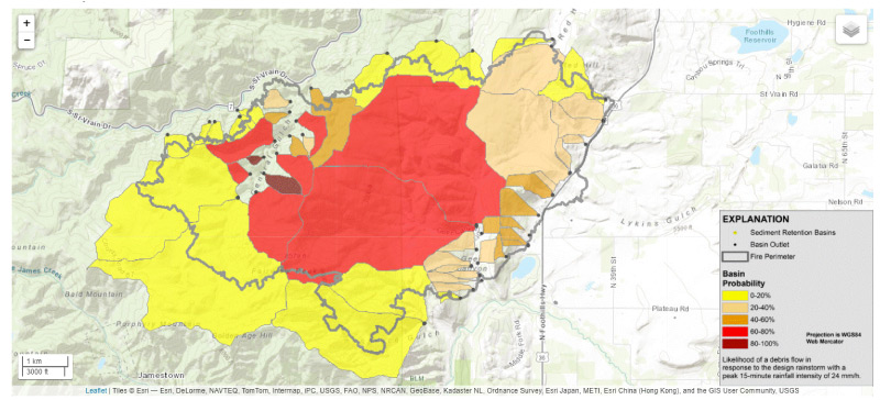 USGS's tweet image. We&apos;ve released #debrisflow hazard maps that indicate a moderate to high level of debris-flow hazard in the area burned by the #CalwoodFire, CO. Debris flows can be hazardous to life and infrastructure. #USGS ow.ly/y8EC50CkcuK