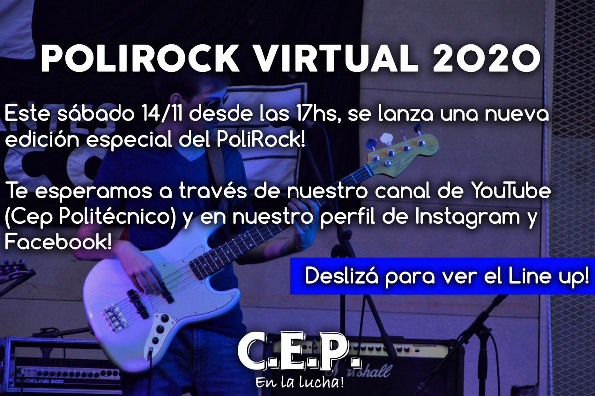CEPolitecnico's tweet photo. POLIROCK VIRTUAL 2020 - LINE UP 🎸

Este sábado 14/11 se dará la nueva edición virtual del PoliRock!

▶️ Te dejamos el line up de todas las bandas. Deslizá para verlos! https://t.co/k97eQDYazu