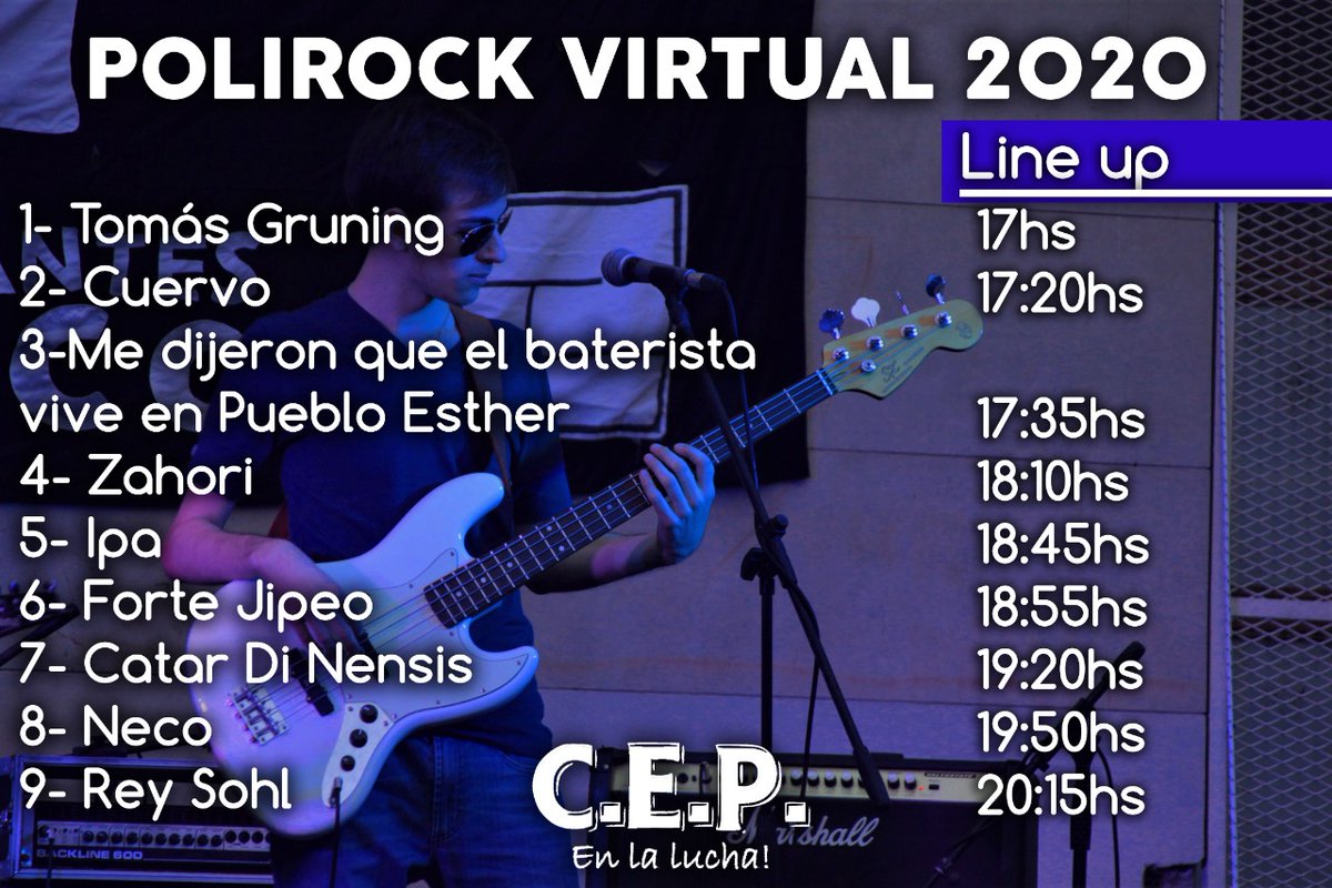 CEPolitecnico's tweet photo. POLIROCK VIRTUAL 2020 - LINE UP 🎸

Este sábado 14/11 se dará la nueva edición virtual del PoliRock!

▶️ Te dejamos el line up de todas las bandas. Deslizá para verlos! https://t.co/k97eQDYazu