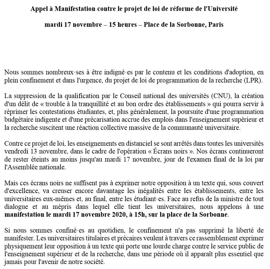 Ce mardi 17 novembre, manifestons contre la #LPR place de la Sorbonne à 15h, avant son ultime discussion à l'assemblée nationale ! #StopLPPR #StopPrécarité #EcransNoirs