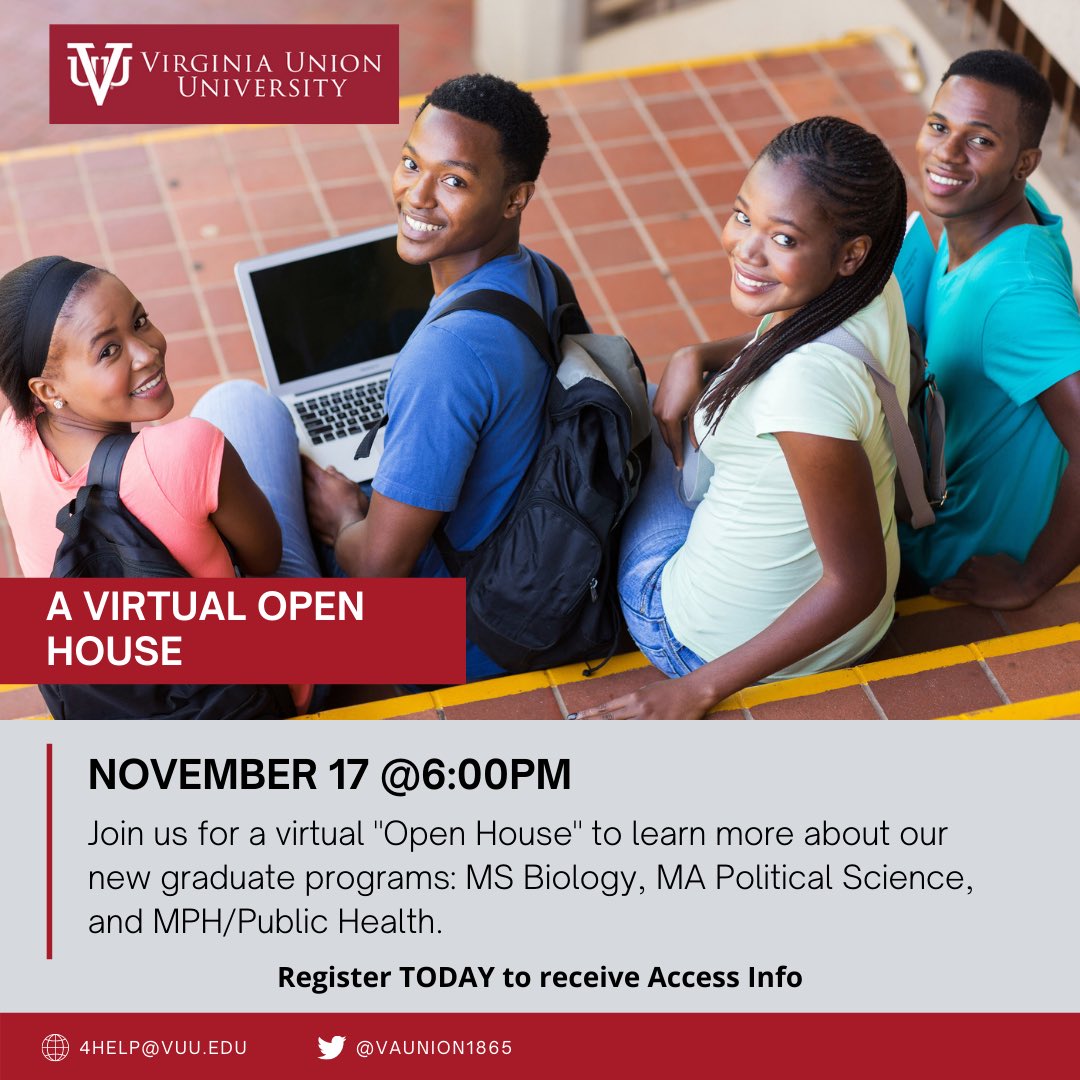 DeborahMMartin's tweet photo. VIRTUAL OPEN HOUSE Join us on Tuesday, Nov 17th at 6 pm. Learn more about three of VUU’s new graduate programs: Master of Science in Biology, Master of Arts in Political Science, and Master of Public Health. Programs will launch Spring 2021  Register at https://t.co/PyUuT0te8k https://t.co/dHsekI4wjd