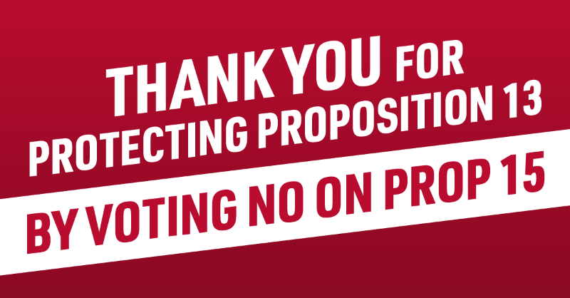 NoOnProp15's tweet photo. Thank you for helping defeat Prop 15 - the largest property tax increase in CA history. 

We know that Prop 15 was just the first step in a plan to fully repeal Prop 13. Without your help, we would never be able to protect Californians from a higher cost of living.

#NOonProp15 https://t.co/m1oX1ZSJiv
