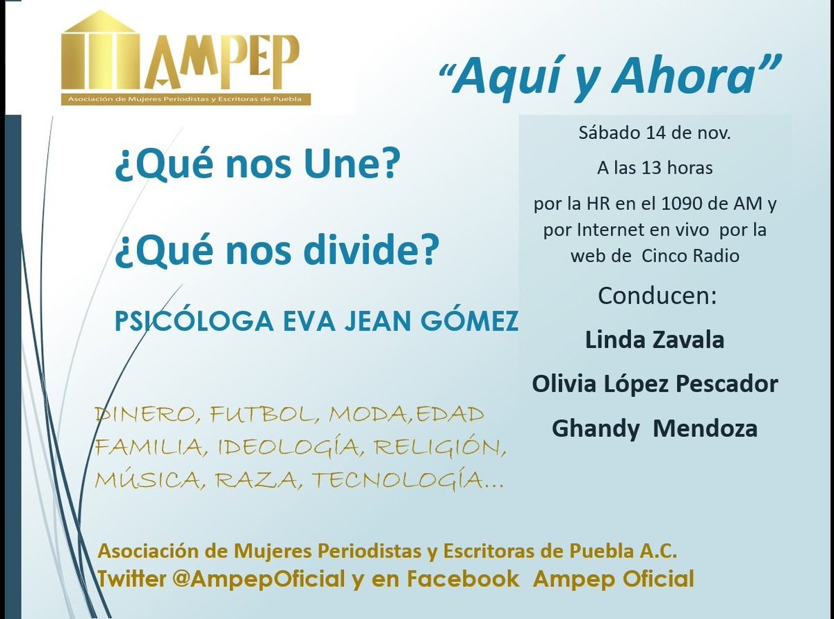 Te invitamos a escucharnos en "Aquí y Ahora" por la HR en el 1090 y por Internet en #CincoRadio .Tenemos una cita mañana sábado de 13 a 14 horas como cada semana. Somos #AmpepRadio . Tú opinión nos interesa !!