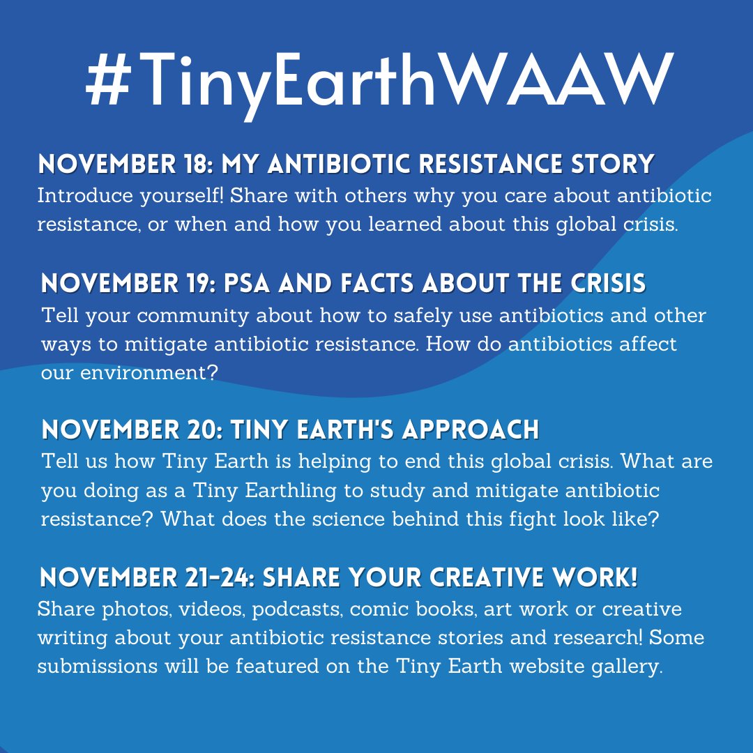 TinyEarthNet's tweet photo. Tiny Earth Students!! Get in gear for #TinyEarthWAAW starting next week Nov 18-24. We are collecting submissions via Twitter, Instagram, and TikTok, so get creative and have fun. We can't wait to see your submissions! 🌎🦠 https://t.co/Rp7hlMbN51