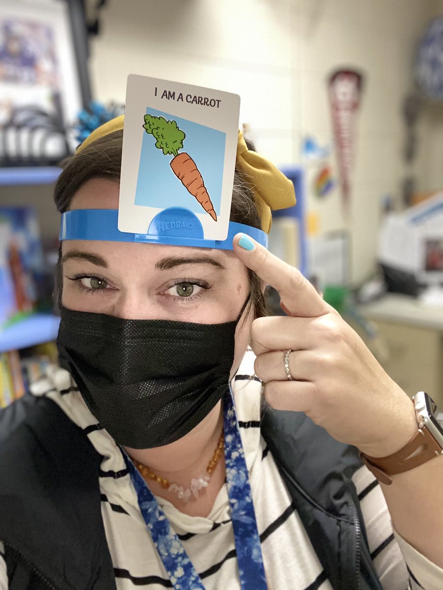 MrsKaraus's tweet photo. I was playing #Headbandz with one of my students. I didn’t get a chance to make a guess, he was giggling so hard and kept exclaiming, “IT’S YOU! IT’S YOU! But all orange and with a green top!” My trick of using 🥕to pronounce my name seems to be working! https://t.co/6NZjfIhfci