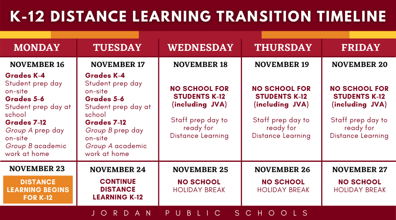 ISD717's tweet photo. 📌 Reminder: Our Distance Learning Transition Week begins Monday, Nov 16. Key dates for students and families in graphic. Save a screenshot 📲 https://t.co/GMBITlgpSI