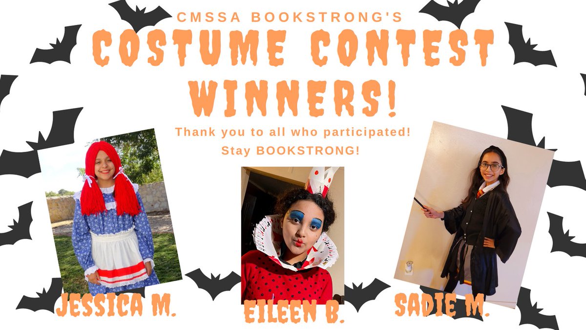 DRUM ROLL PLEASE...and the winners of the #BookStrong Costume Contest are (in no particular order)... Jessica M. as Raggedy Anne! Eileen B. as the Queen of Hearts! and Sadie M. as Hermione Granger! Thank you to all participants! Stay tuned for more BookStrong Festivities!