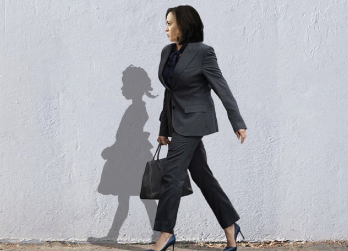 Bria Goeller maakte dit kunstwerk:  Kamala Harris met als schaduw de 6-jarige Ruby Bridges die vandaag 60 jaar geleden onder escorte naar een geheel witte lagere school in New Orleans ging.