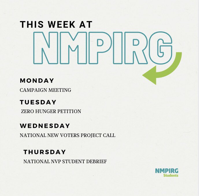 This Week at PIRG, we held a campaign meeting Monday, were we plan for Hunger and Homelessness Awareness Week next week. Tuesday a petition blitz for the Zero Hunger campaign to gain more support for the CARES act was held. Thursday there was a National NVP Student Debrief.