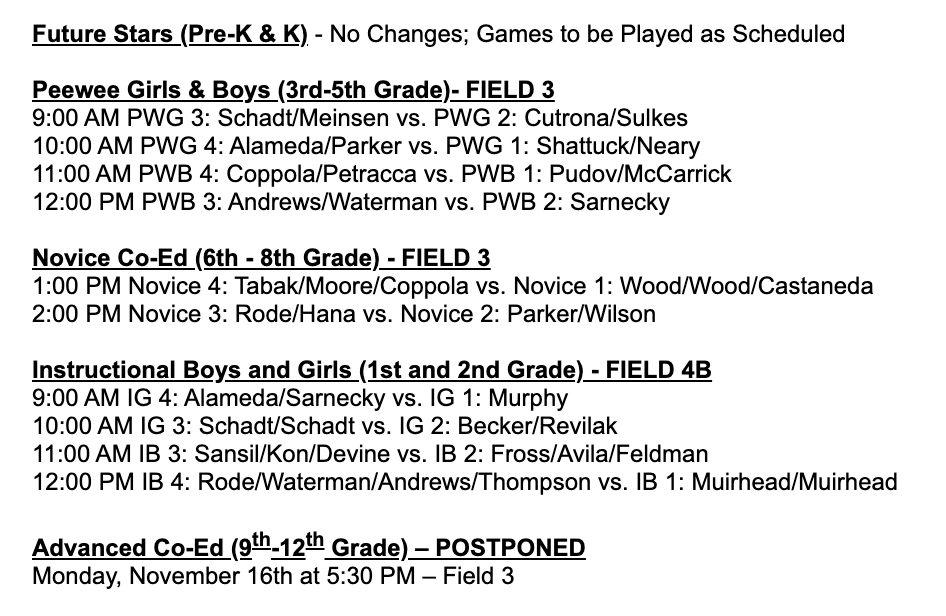 Howell_Soccer's tweet photo. Weather Update for Saturday, November 14th - Week 9 and Trophy Day. Please see the updated time and field changes! https://t.co/ZpPEqUnBj9