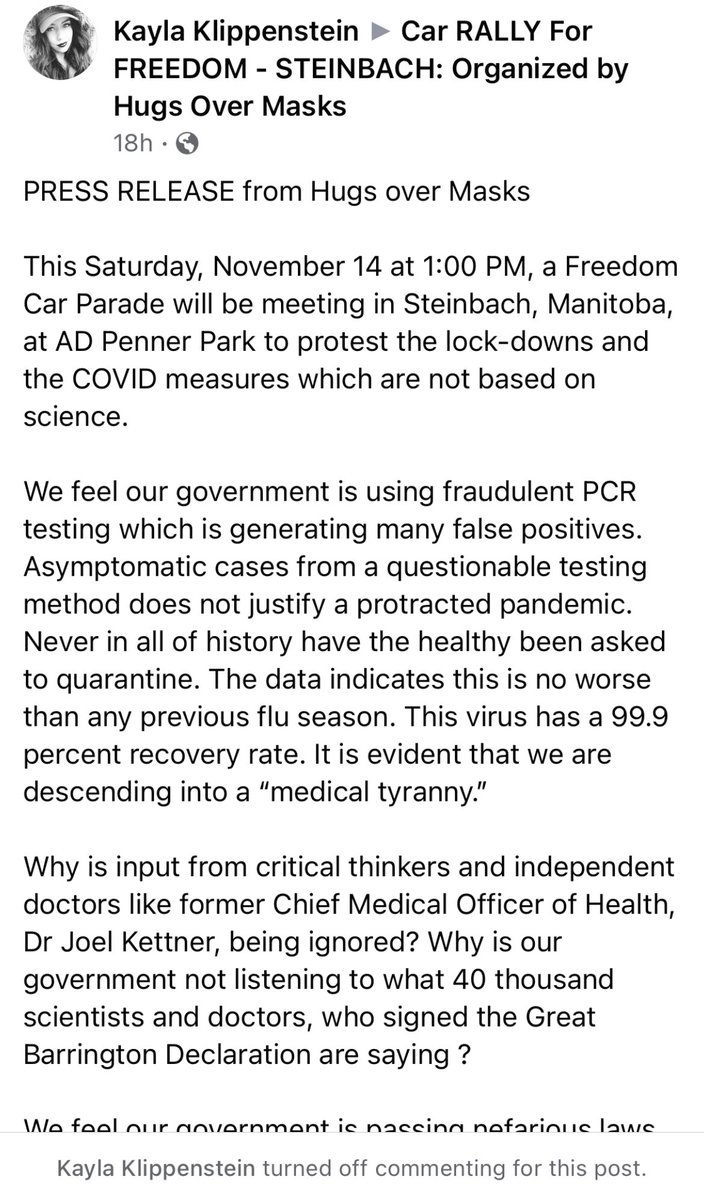 ScottBilleck's tweet photo. As nurses and paramedics plead for help and for people to stay home as a hospital reaches capacity in the region, organizers for an anti-mask rally set for Steinbach on Saturday have issued a press release: https://t.co/z6UY7jduwl