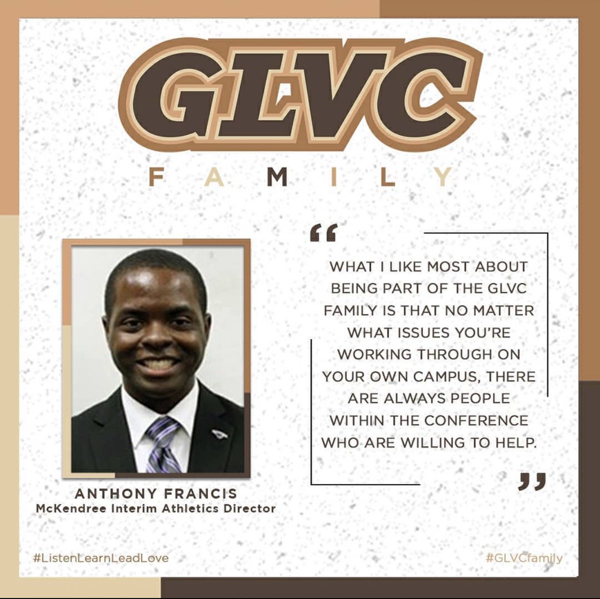 Mck_Diversity's tweet photo. Check out our interim AD, Anthony Francis, on today’s GLVC Friday Feature! 👏🏽🎉 

Head over to https://t.co/ze3wGePU7Q / @GLVCsports to read why he likes being part of the #GLVCfamily as well as his personal examples of #ListenLearnLeadLove 💜 https://t.co/hded6V1RL6