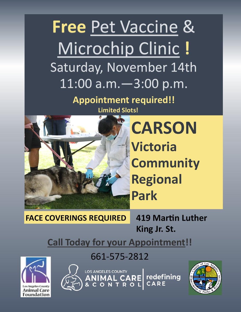 LACoAnimalCare's tweet photo. Free pet vaccine and microchip clinic tomorrow! #daccares #pleaseshare https://t.co/LmZ5Go79oT