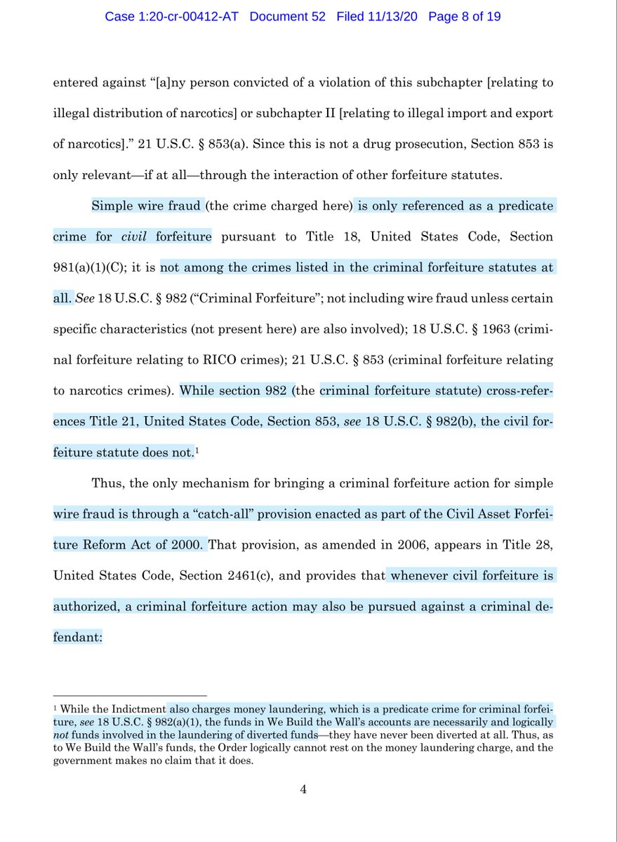 This is one of the most batshit crazy filings I’ve readNever mind we are talking about KKKobachIndictment “charges money laundering, which is a predicate crime for criminal forfeiture 18 USC § 982(a)(1), the funds in We Build the Wall’s accounts are necessarily and logically”