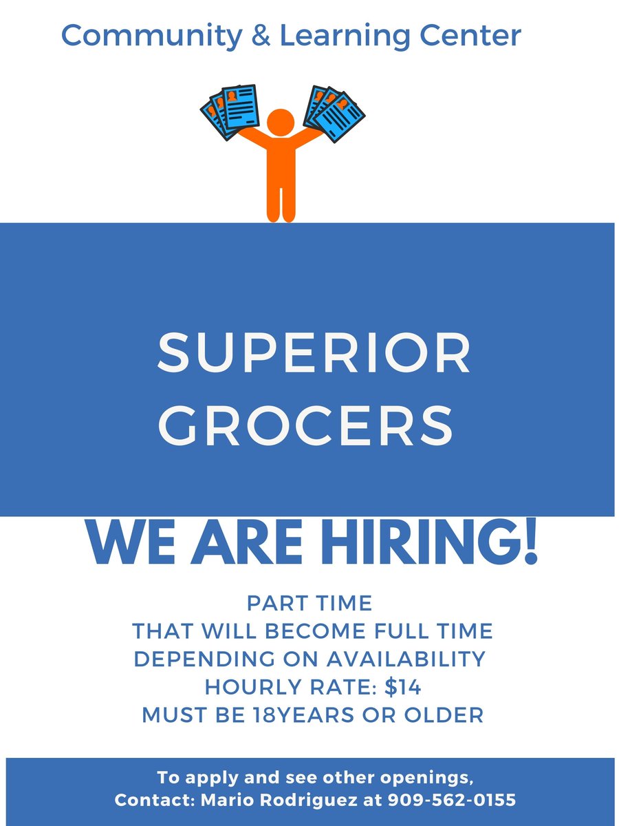 MayorDRobertson's tweet photo. 🗣Hiring Alert!
Superior Grocers is Hiring
151 W Baseline Rd
Rialto, CA 92376
Contact Mario Rodriguez at 909-562-0155
Must be 18 years or older! #communityandlearningcenter #rialtonetwork #bridgetoprogress #rialtopride https://t.co/Cgws1oziiy