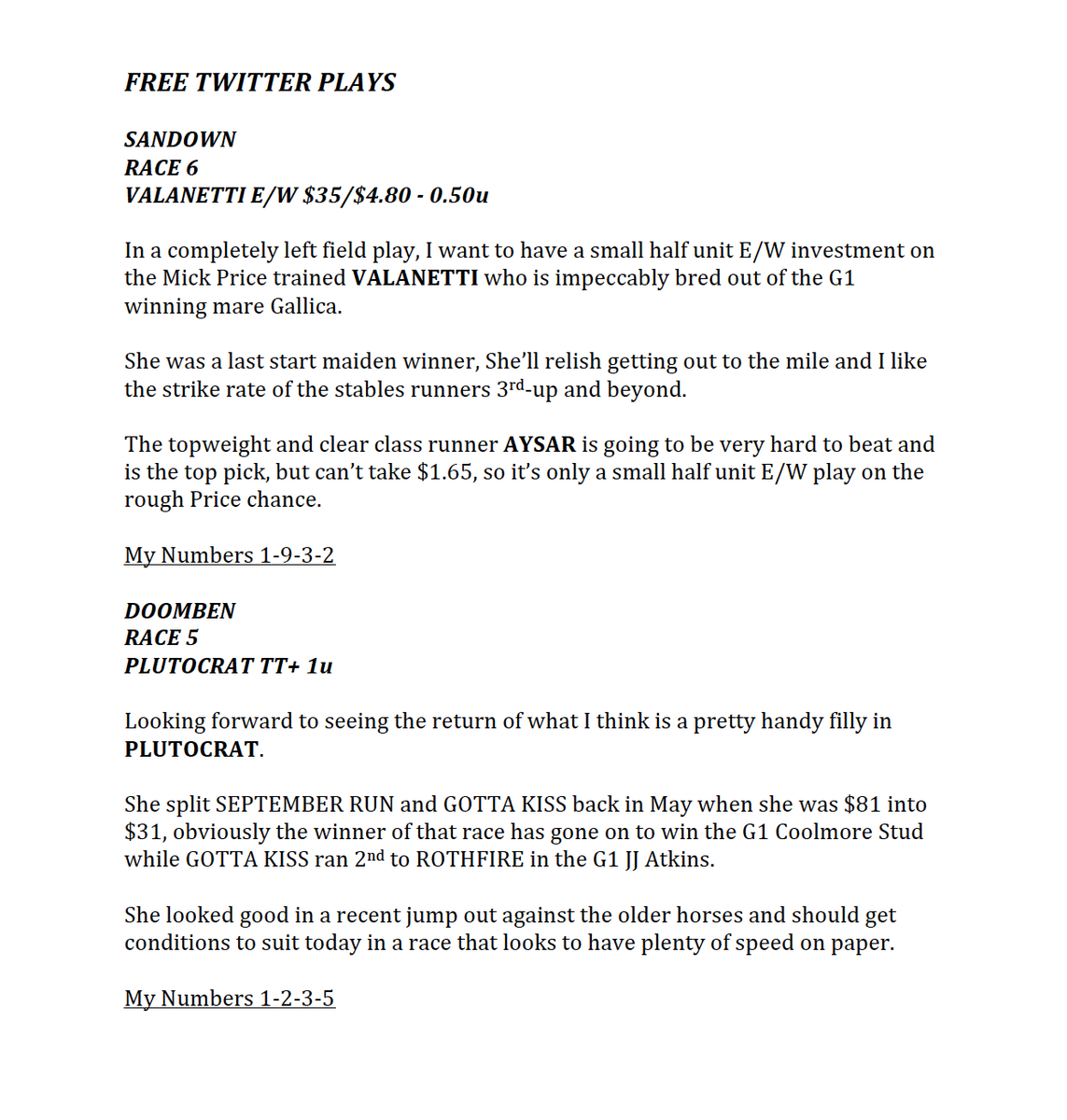 MagnaRacing's tweet photo. Good Morning Punters,
A massive day of racing across the country.
I've just sent my BEST BETS plus Quaddie numbers to those on my mailing list.
Please find attached today's TWITTER PLAYS
💰🏇 https://t.co/VtgxZwq9N6