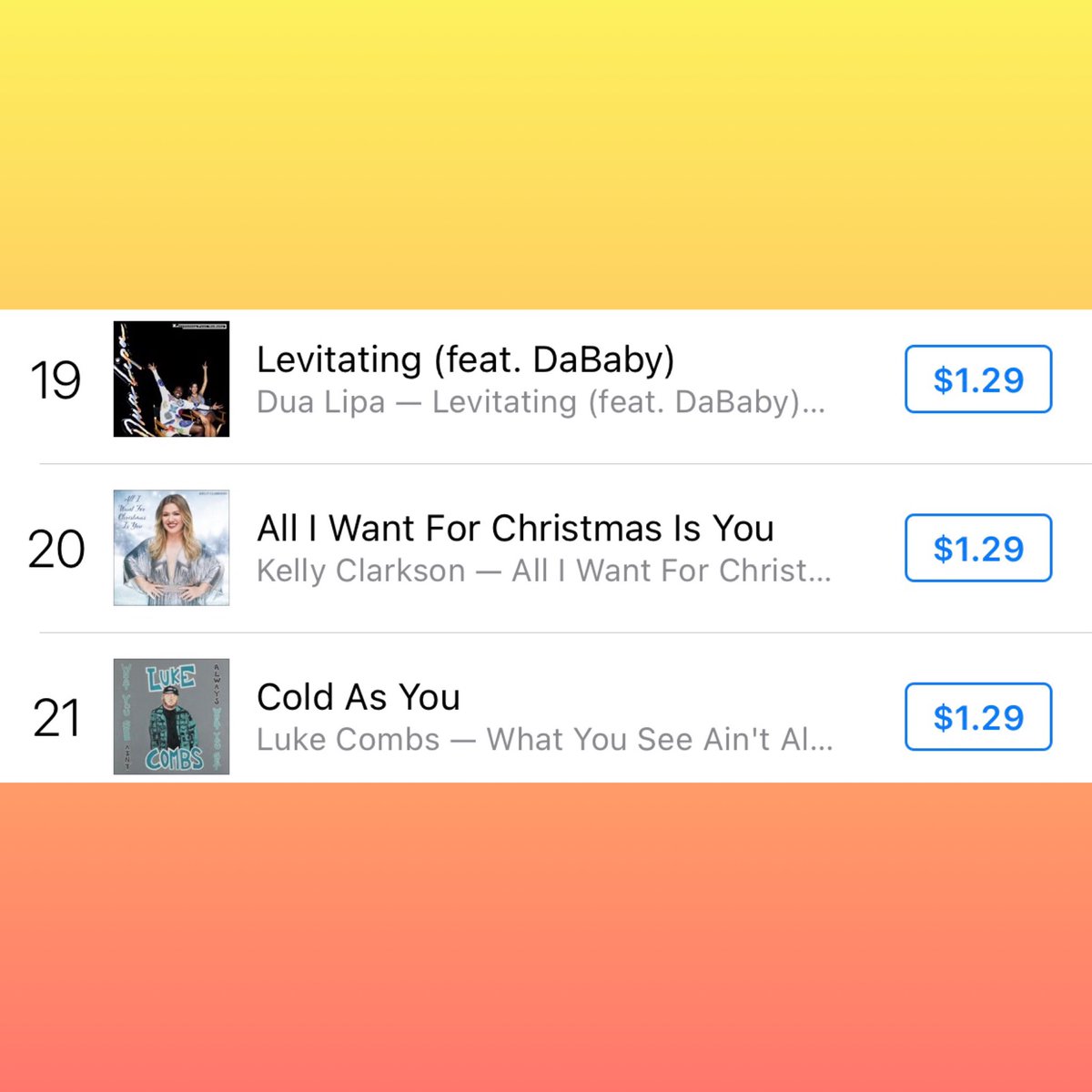 PopCrave's tweet photo. “All I Want For Christmas Is You” by @KellyClarkson enters Top 20 on US iTunes Songs chart.

It’s currently the highest-charting holiday song. ❄️ https://t.co/ZPWKzimofW
