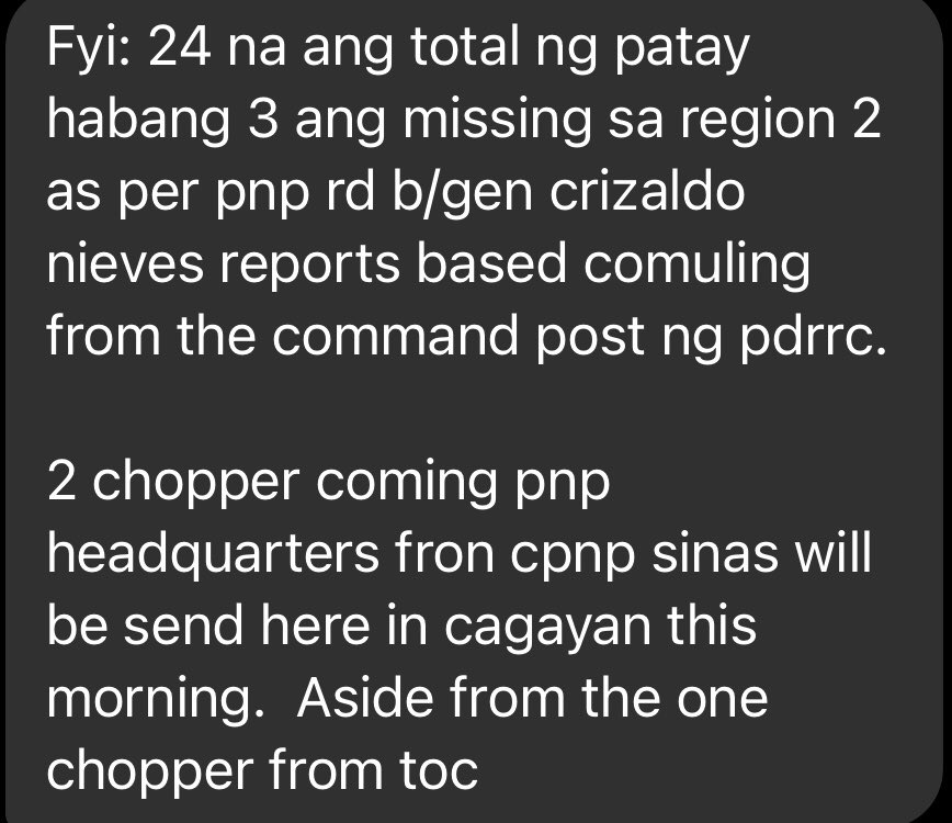 dzrhnews's tweet photo. JUST IN: 2 chopper mula PNP, mag-iikot na sa Cagayan para sa rescue operations at para magbagsak ng relief goods sa mga stranded sa bubong, umakyat na rin sa 24 ang patay sa Region 2 — PNP Region 2 Dir. Crizaldo Nieves | RH 25 Grace Sansano #CagayanNeedsHelp #RescuePH https://t.co/jfppiFh8pi