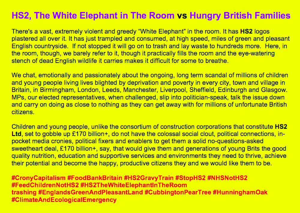 KangarooCaught's tweet photo. @Dickysparks @karmakola @KarenO60765660 @soopagaz Children in #ToryAusterity #FoodBankBritain may go undereducated, undernourished, unsupported, thousands sleeping rough in every town, there may be inadequate #LocalPublicTransport networks, but #CronyCapitalism guarantees #170bn+ for #HS2Ltd's #HS2TheWhiteElephantInTheRoom https://t.co/WARQWOVX59
