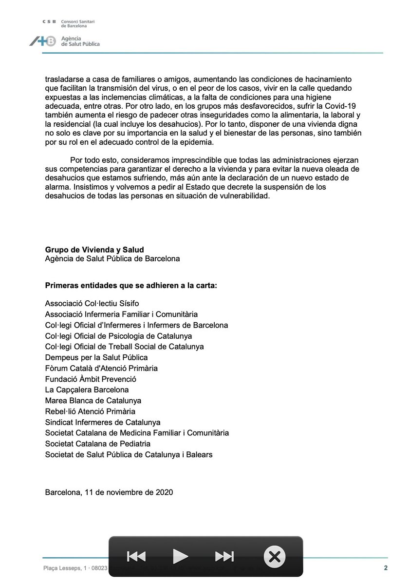 Cada vegada són més els col·lectius de salut que s'han adherit a la carta dirigida a <a href="/sanchezcastejon/">Pedro Sánchez</a> per aturar els desnonaments en població vulnerable. Les entitats que estigueu interessades en adherir-vos, ho podeu fer al següent formulari: docs.google.com/forms/d/e/1FAI…
