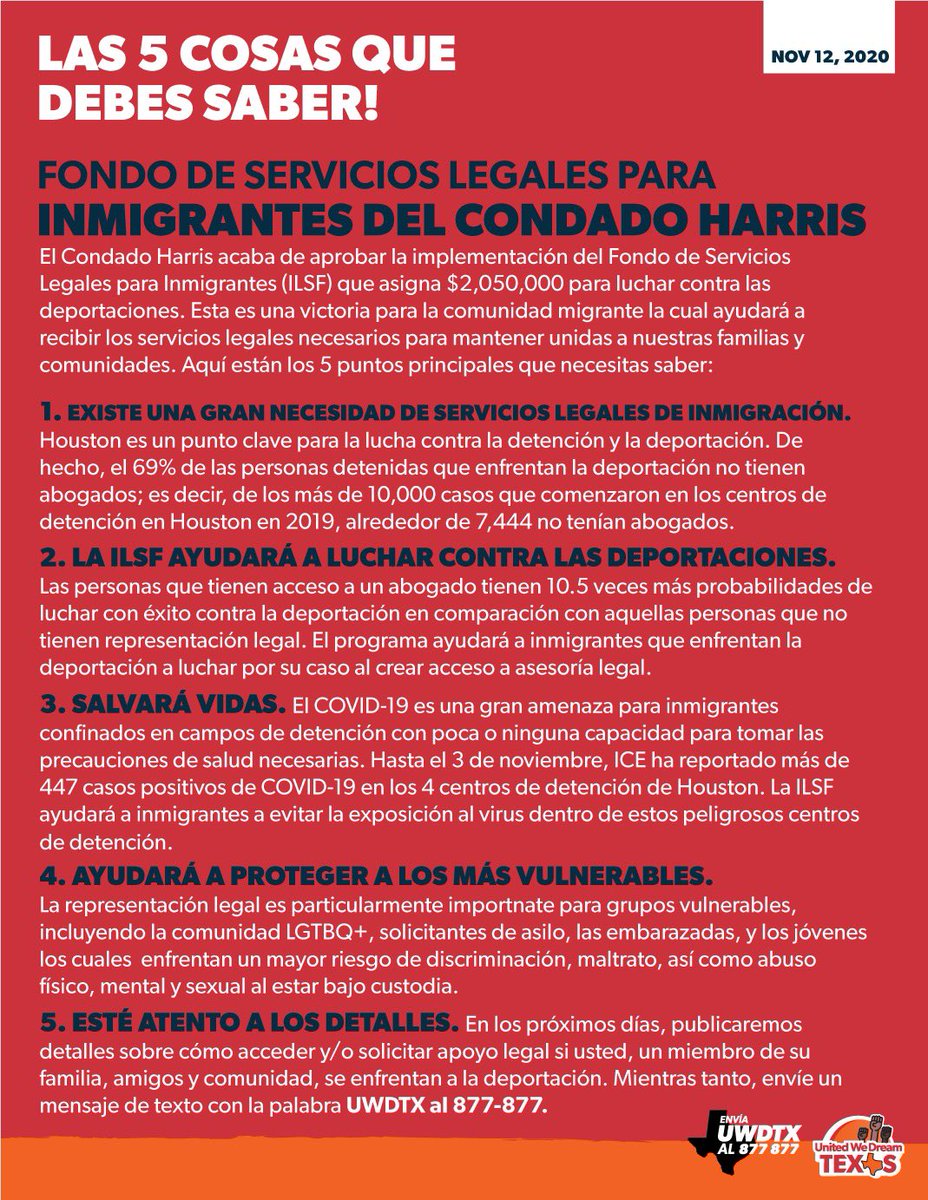 UWDTexas's tweet photo. Increíble! El Condado de Harris acaba de aprobar el programa de fondos para fondos legales para inmigrantes (ILSF en inglés) el cual proveerá fondos a la gente del condado de Harris para luchar en contra de las deportaciones. Aquí están las 5 cosas que debes saber: https://t.co/sb0cencItx