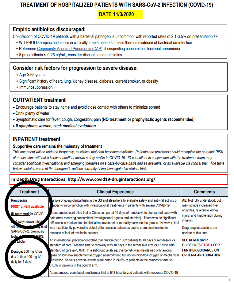 More evidence re: FDA approval of Remdesivir on 10/22 affected hospitalization volume: We aquired internal  #covid19 treatment protocol for a large, multi-hospital regional healthcare system: As of 11/3, Remdesivir is FIRST LINE treatment for patients hospitalized c/ C19...
