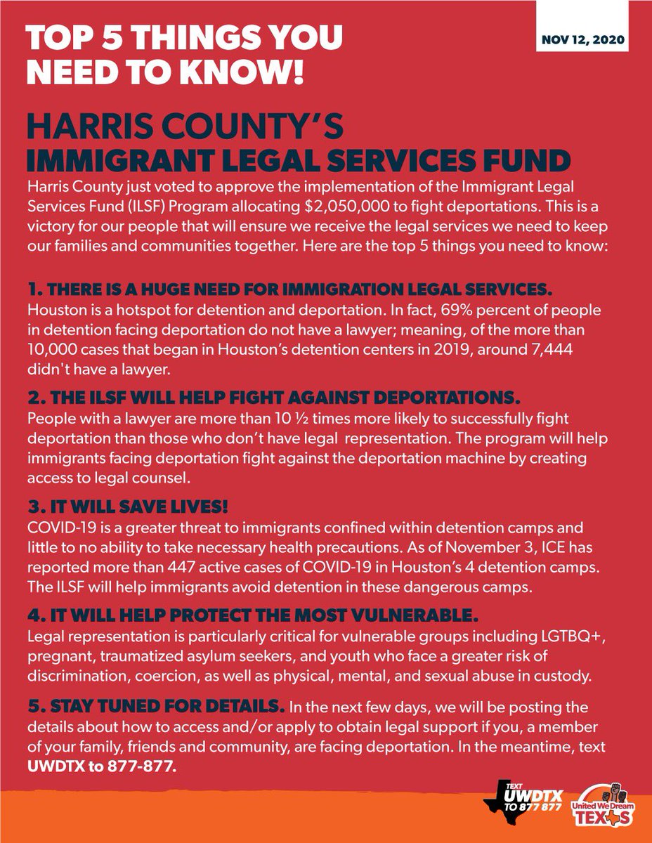 UWDTexas's tweet photo. Harris County just approved the Immigrant Legal Services Fund (ILSF) Program - a program that will to provide funds to people in Harris County fighting their deportation cases. 
Here are the top 5 things you need to know: https://t.co/7m73aUddcZ