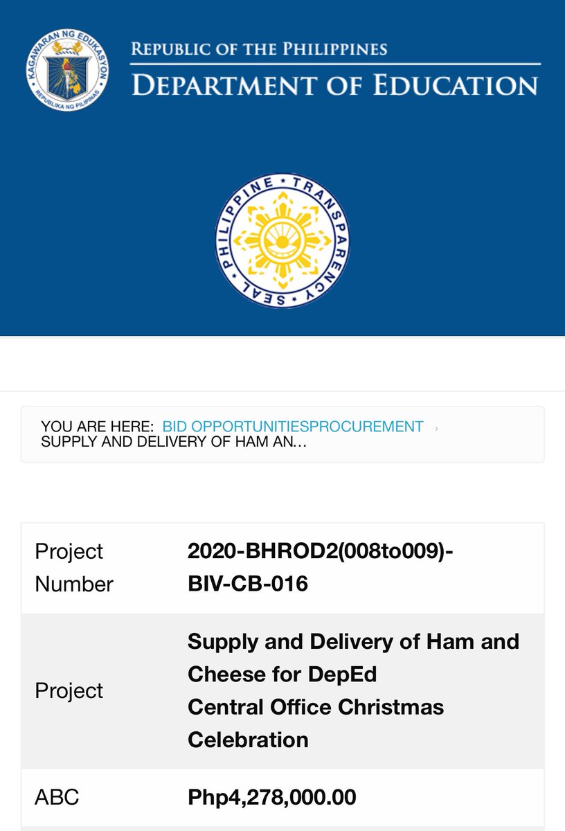 BREAKING: <a href="/DepEd_PH/">DepEd</a> issued on Nov. 12 an invitation for bids — for “Supply and Delivery of Ham and Cheese for DepEd Central Office Christmas Celebration” costing P4.278-million
    
deped.gov.ph/2020/11/11/sup…