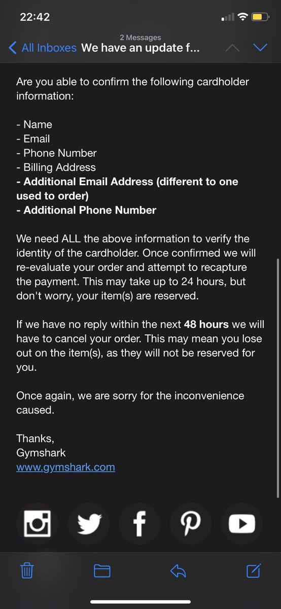 SelinaKM's tweet photo. @Gymshark is this legit or a scam???? https://t.co/y4tgfjVQ2S