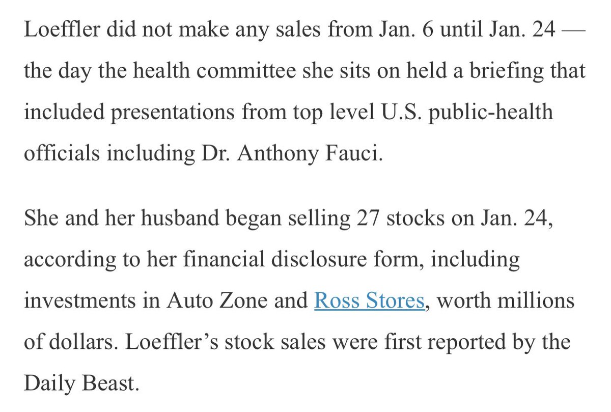 7) Here is the precise timeline of Loeffler’s stock sale... no stocks sold whatsoever since she took office... until Jan 24th... the precise day of the Senate briefing by public health officials. Clearly she benefited from inside information.  https://www.google.com/amp/s/fortune.com/2020/03/20/senators-burr-loeffler-sold-stock-coronavirus-threat-briefings-in-january/amp/