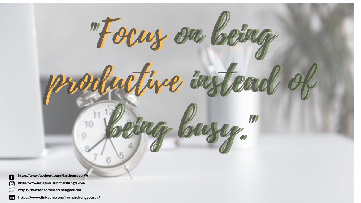 MarchengyourVA's tweet photo. "Focus on being productive instead of being busy. "Always plan and schedule your priorities and start doing what's necessary.#executiveassistantservices #marchengyourVA #digitaljobsph #virtualassistant #workfromhome #freelancer https://t.co/JRXok2zlcF