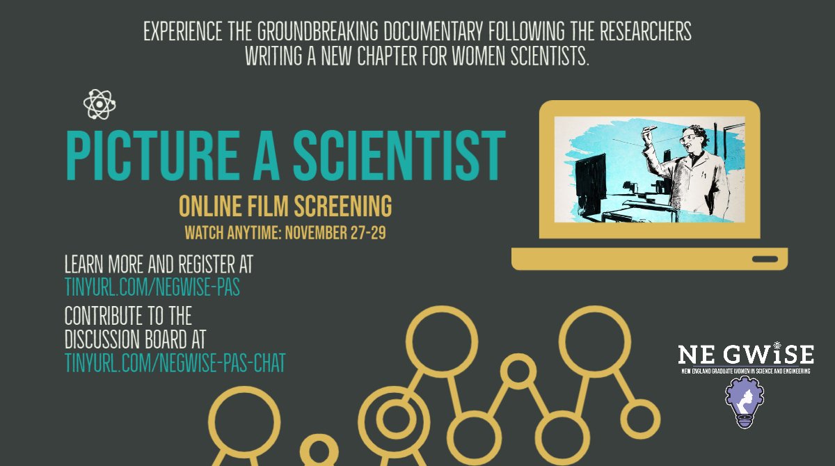 NE_GWISE's tweet photo. Hello! NE GWiSE is offering a free virtual screening of the film Picture a Scientist from November 27-29. You may watch anytime in that time frame! Register to participate at https://t.co/e3Ch2u9ahc :) #womeninsteminspire https://t.co/kq52Li4Aq5