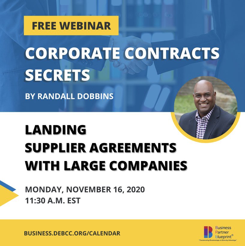 Join us on Monday for a webinar about landing supplier agreements with large companies. 

This event is hosted by one of our very own Advisory Board Members, Randall Dobbins! 

Sign up via the link: 
business.debcc.org/calendar #corporatecontracts 
#federalcontracts