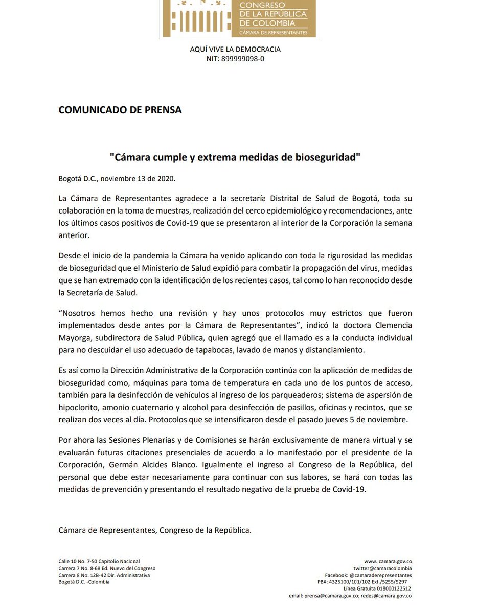 #Comunicado Se extreman medidas de bioseguridad en <a href="/CamaraColombia/">Cámara de Representantes de Colombia</a> , prevención con toma de muestras y cerco epidemiológico frente a posibles contagios #COVID19 🗞️👇