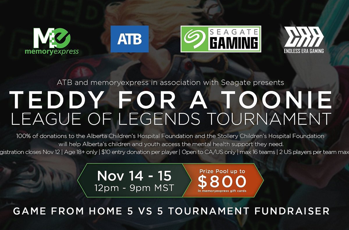 atb_eln's tweet photo. Tune in tomorrow at 12pm MST for the Teddy for a Toonie League of Legends eSports  tournament. 

This special event will continue the support of Children's Hospitals in Alberta! 

Donate: https://t.co/lREJLaX1cy

Spectate: https://t.co/x3wWgmumD5 

@MemoryExpress @atbfinancial https://t.co/sxqrMJaopl