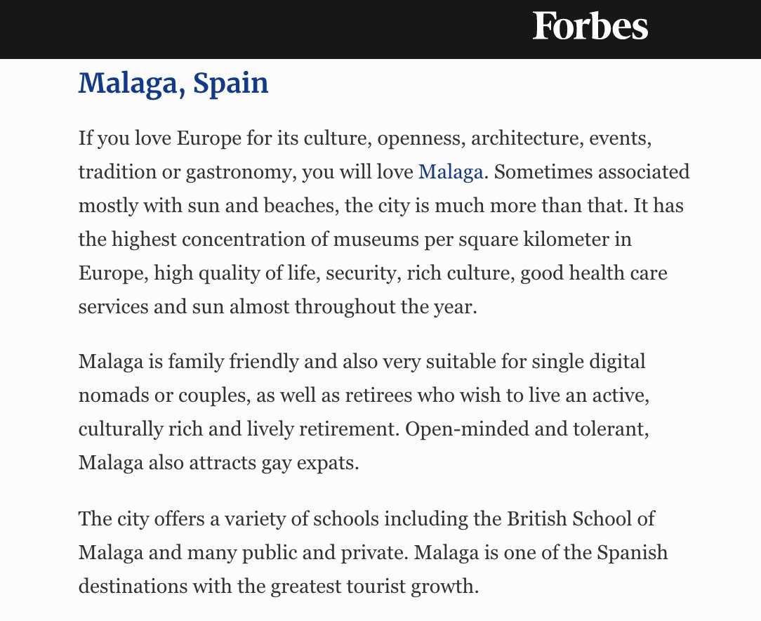 PrimeHouseES's tweet photo. Forbes magazine lists #Málaga as no 10 in its list of 20 best places in Europe for Americans to live, invest and work in. A city full of life and light! What are you waiting for to move here? 😀 https://t.co/m7szhKZvjh #MalagaTowers #qualityoflife #livinginspain https://t.co/n1PjmM69mr