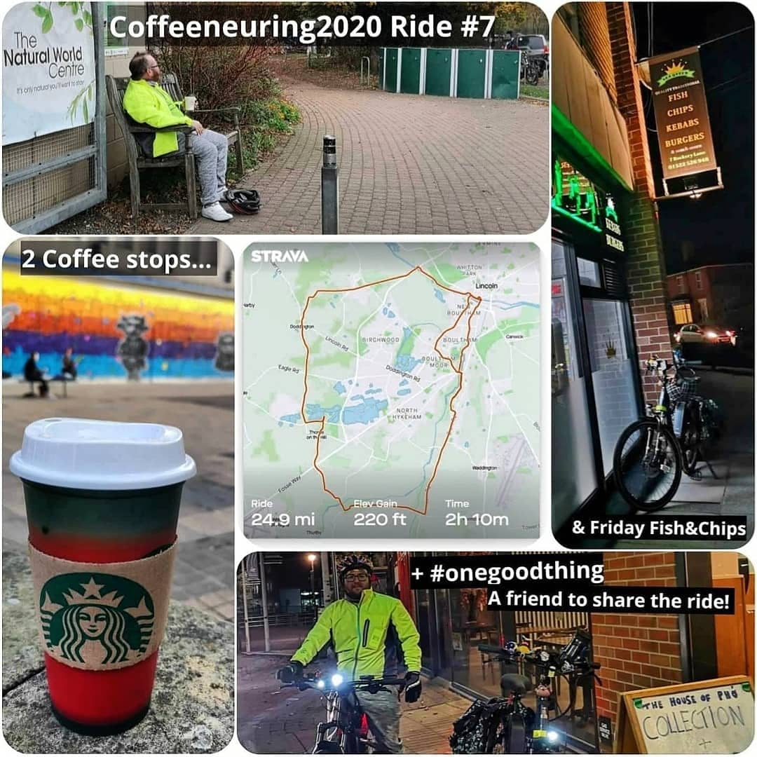 Melaniecycles's tweet photo. #Coffeeneuring2020 Ride #7 was near enough 25miles of November fun involving 2 Coffee stops (1 PSL &amp; 1 Plain Latte) #onegoodthing aka #onegoodfriend and finished off with Friday Fish&amp;Chips :) #cycling @WeAreCyclingUK @letsrideuk @LovetoRide @SustransEMids https://t.co/6hA8mOsTT7