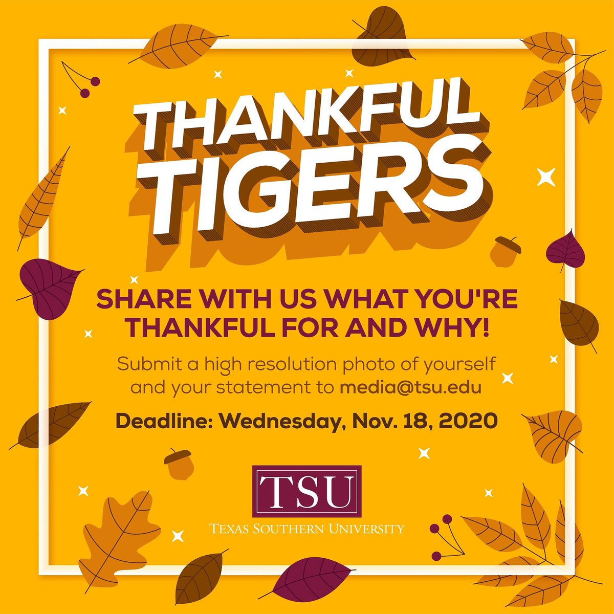 txsudossem's tweet photo. Texas Southern University Tigers, we want to hear from you! Tell us what you're thankful for and why! Email us a high resolution photo of yourself and your statement that is similar to, ”Im thankful for x because of y.” Be sure to include your first and last name! #TXSU #TSUProud https://t.co/GiNgbAvaEq