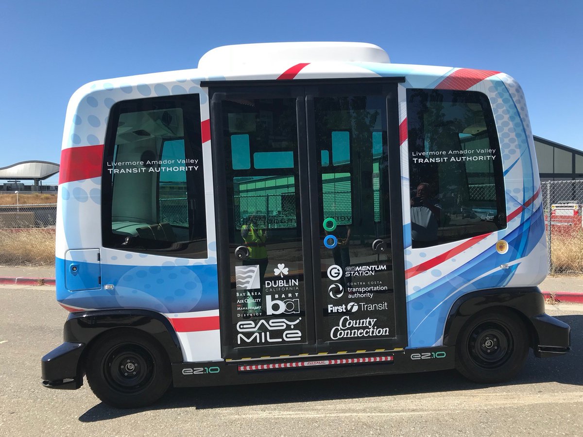 DublinPIO's tweet photo. After months of extensive testing, the @wheelsbus Shared Autonomous Vehicle (SAV) is ready for passengers! LAVTA is inviting the public to take a 15-minute ride on the SAV near the East Dublin/Pleasanton BART station. Book a ride at https://t.co/la3NMwedmd. https://t.co/sbL6XxaSYa