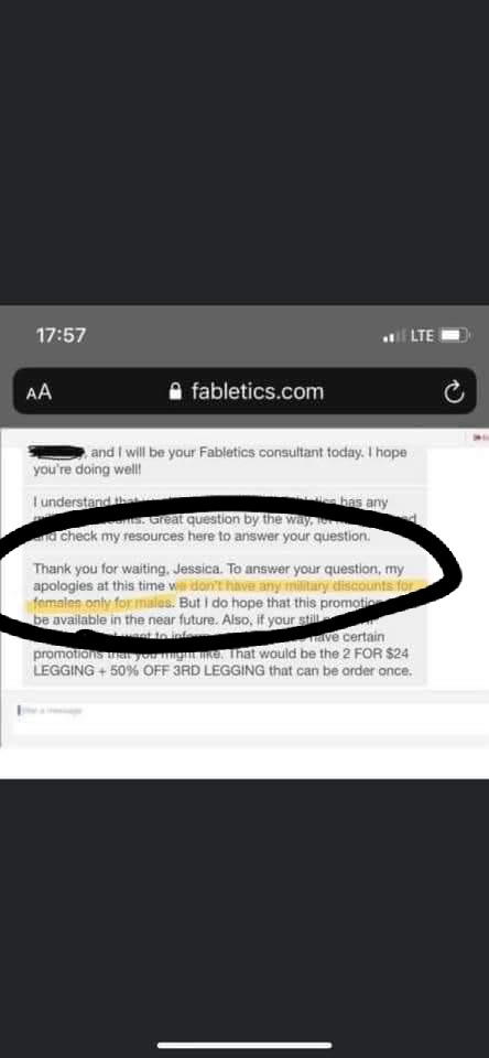 ShellieWillis's tweet photo. @Fabletics i am a Veteran and a VIP Customer!  I hope this isn't true that you only give discounts to male Veterans! https://t.co/F3fReLAUOW
