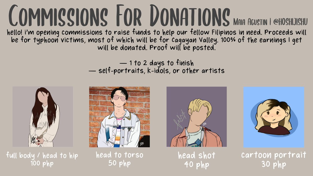 HOSHIJISHU's tweet photo. pls help rt

❗ART &amp; EDIT COMMISSIONS FOR DONATIONS ❗

100% of the proceeds will be donated to typhoon victims. 

*please send photo for reference.

Payment method:

GCash / PayMaya / PayPal (int'l)

Please dm me to avail or for inquiries, thank you! https://t.co/OZkNML0zLm