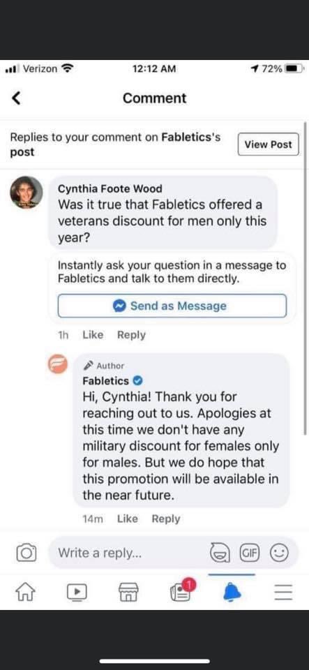 carolovesyoda's tweet photo. @Fabletics Care to explain? Stop lying it wasn’t a representative’s mistake! You just think only men serve! Glad I never bought from you even though I wanted to! #BoycottFabletics https://t.co/iMxnM9cARQ