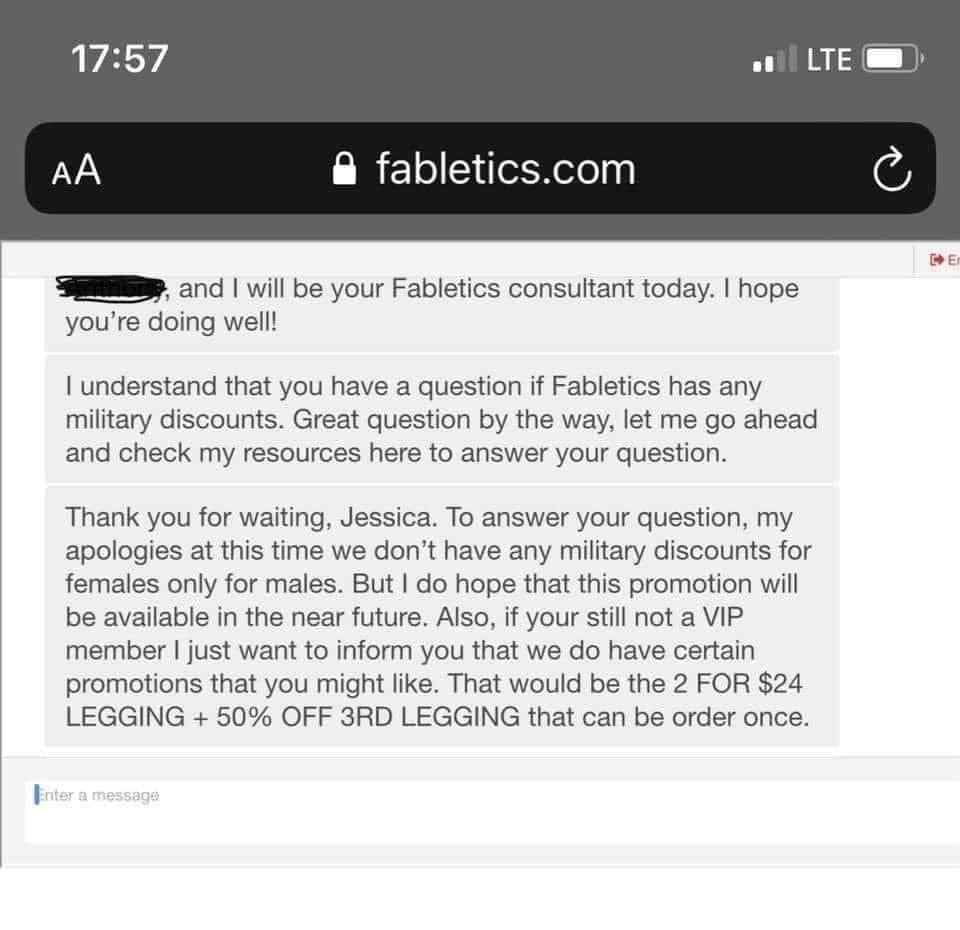carolovesyoda's tweet photo. @Fabletics Care to explain? Stop lying it wasn’t a representative’s mistake! You just think only men serve! Glad I never bought from you even though I wanted to! #BoycottFabletics https://t.co/iMxnM9cARQ