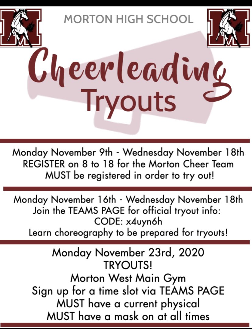 MortonCheer's tweet photo. Register on 8 to 18! Join our Teams page! Clinics are asynchronous. In-person tryouts will be held on Monday, Nov. 23 @ West. Starting Monday, Nov. 16, sign up link, choreography videos, and information will be posted to our Teams! 📣 https://t.co/SlapzvYvoZ