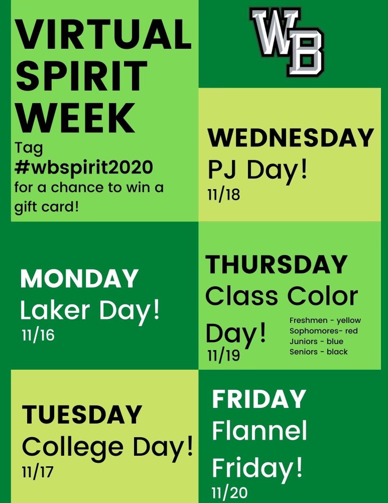 WBHSLeadership's tweet photo. Virtual Spirit Week starts on Monday! 💚🎉 ⚓️ #wbspirit2020 https://t.co/sCKizt31b3