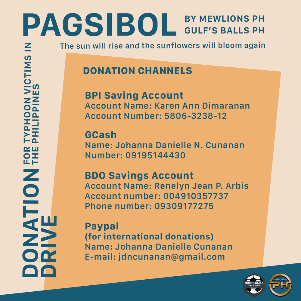 𝐏𝐀𝐆𝐒𝐈𝐁𝐎𝐋; 𝐂𝐚𝐥𝐥 𝐟𝐨𝐫 𝐃𝐨𝐧𝐚𝐭𝐢𝐨𝐧

Mewlions PH alongside Gulf's Balls PH is initiating a donation drive under MewGulf's name to help our fellow Filipinos who are victims of #TyphoonRolly and #TyphoonUlysses 

🔗 Form: tiny.cc/PAGSIBOLPh

#RescuePH
#ReliefPH