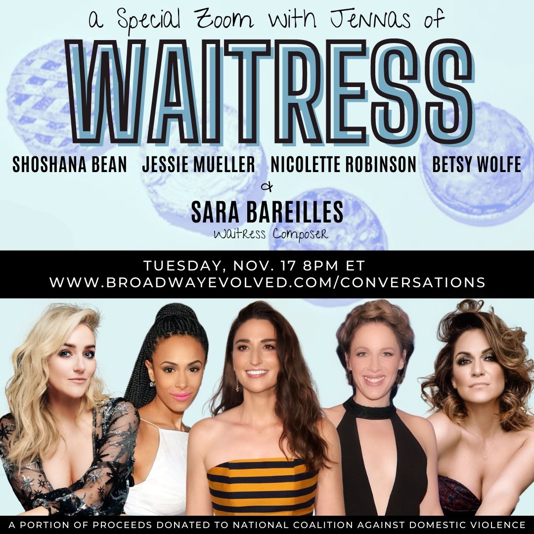 BroadwayEvolved's tweet photo. A SPECIAL JENNA REUNION featuring Shoshana Bean, Jessie Mueller, Nicolette Robinson, Betsy Wolfe, and Sara Bareilles! Tuesday, November 17 8pm-9:15pm ET!
https://t.co/MgKsKxlWNK https://t.co/3rVCtOT6Kq