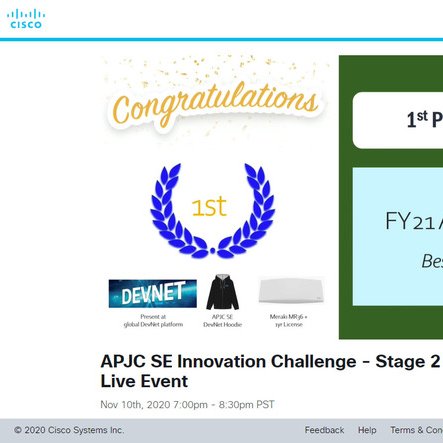 tvcarnes's tweet photo. Amazed by the creative prototypes submitted in the @Cisco APJC SE Innovation Challenge! It was an honor and challenge to select a winner from all the great submissions. Congratulations to the Wake Up Tokyo 2.0 team for earning 1st place! #APJCSE #DevNet #CiscoSE https://t.co/EGr6hRJ1pN