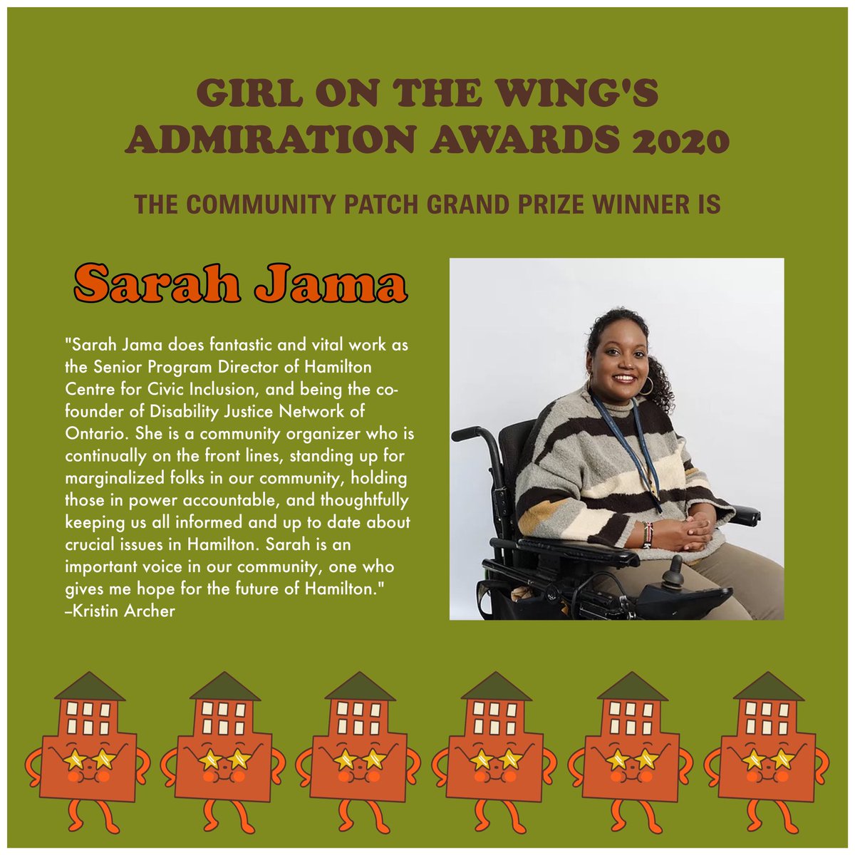 The Community Patch goes to <a href="/SarahJama_/">Sarah Jama</a> for her tireless activism and community leadership. The city is lucky to have her! #HamOnt