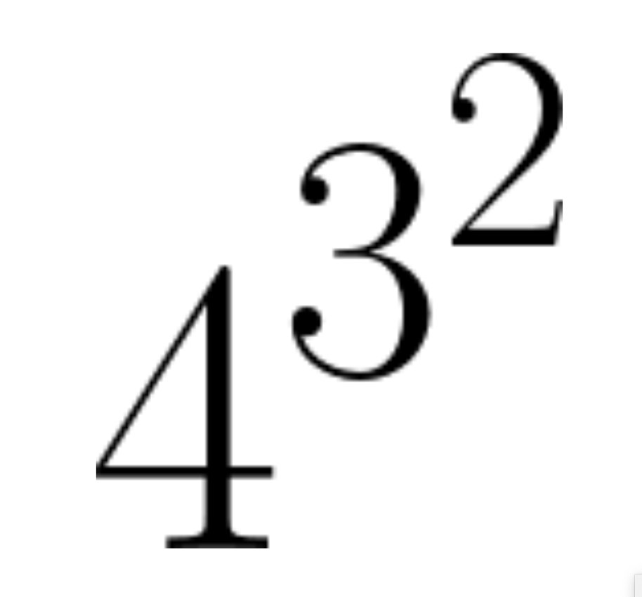 This shortest base convention also clarifies how to read iterated exponentiation. PEMDAS/BODMAS doesn't offer any clarity on this. But in an expression like below, the base of the squaring is taken to be 3, not 4³, so the whole expression is read as 4 raised to the ninth power.